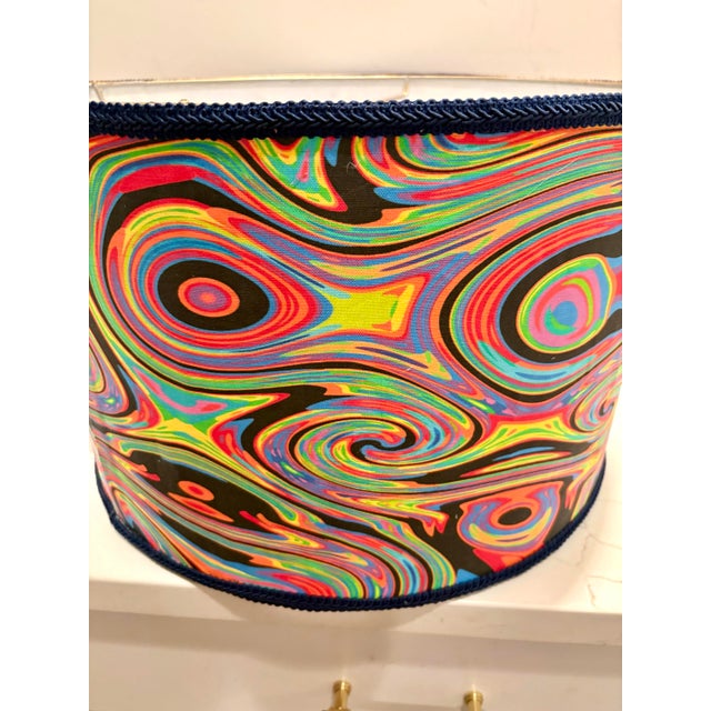 Textile Retro Psychadelic Style Drum Lamp Shade With Navy Trim For Sale - Image 7 of 10