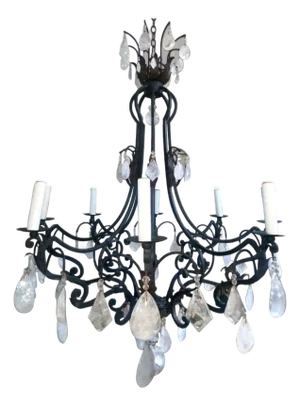 Large Wrought Iron Chandelier With Rock Crystal Drops & Prisms, Italy, 20th C.