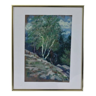 1990s "Birches" Oil Pastel Drawing by John Elliot, Framed For Sale