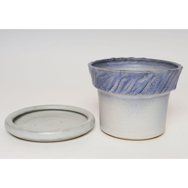 Mid-Century Modern Vintage Periwinkle Incised Studio Ceramic Planter With Saucer by Deanna Nichols For Sale - Image 3 of 18