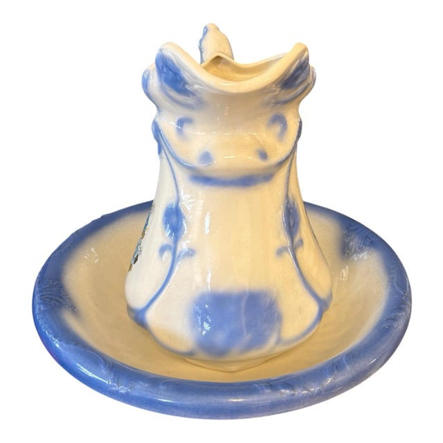 Ceramic Early 20th Century Blue & Ivory Ceramic Wash Basin and Pitcher Set For Sale - Image 7 of 12