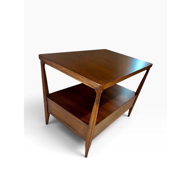 Wood Broyhill Saga Collection 1960’s - Restored Vintage Mid-Century Modern Walnut Two-Tier Broyhill Saga End Table With Drawer & Original Hardware - Rare For Sale - Image 7 of 12