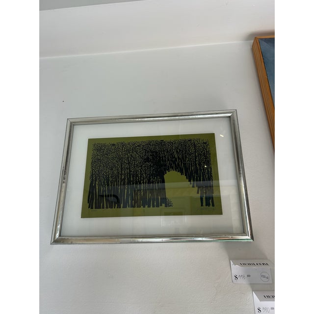 1960s Vintage Antonio Frasconi Woodcut Printed on Green Paper With New Silver / Wood Frame and Float Detail, Circa 1965 For Sale - Image 5 of 10