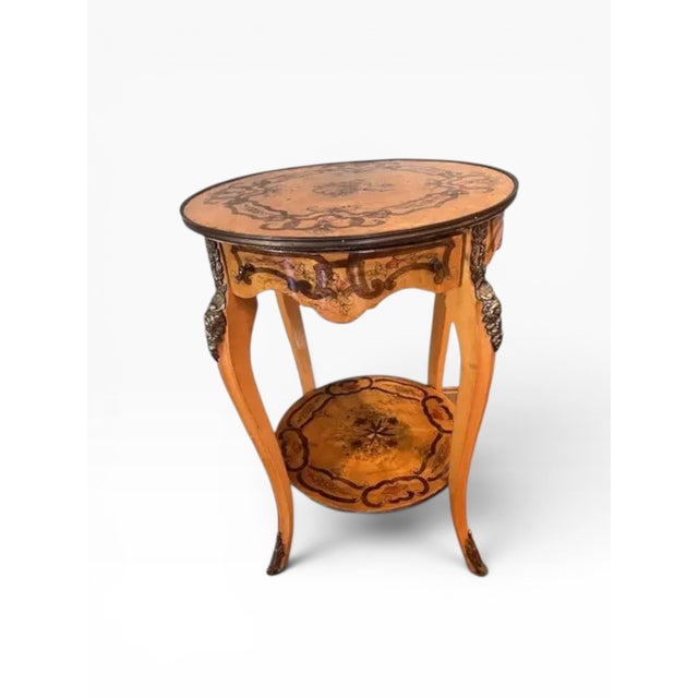 Brown Vintage Italian Marquetry Two-Tier Side Table With Drawer & Bronze Mounts For Sale - Image 8 of 14
