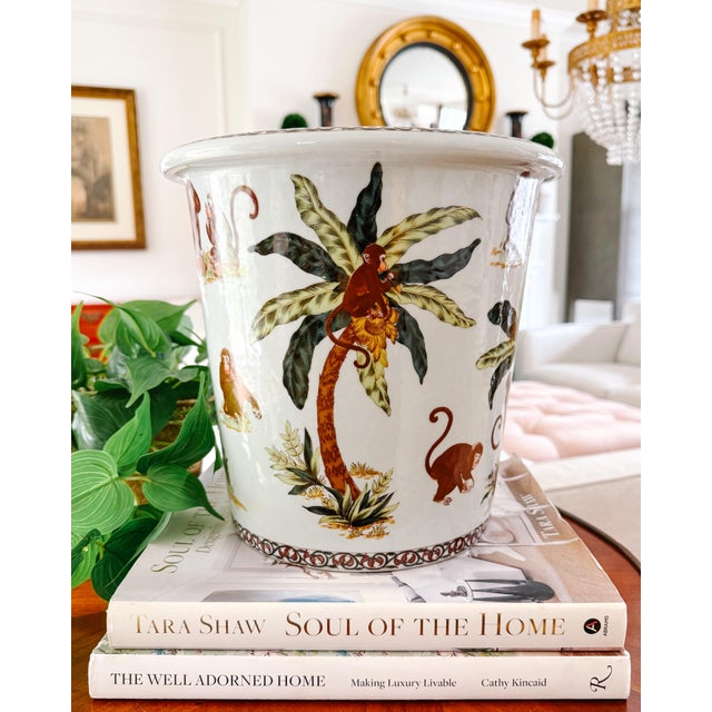 Ceramic Slender Vintage Chinoiserie Porcelain Monkey Motif Cachepot For Sale - Image 7 of 7