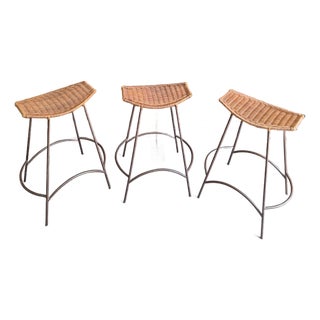 1950s Set of 3 Arthur Umanoff Style MCM Iron and Wicker Counter Barstools For Sale
