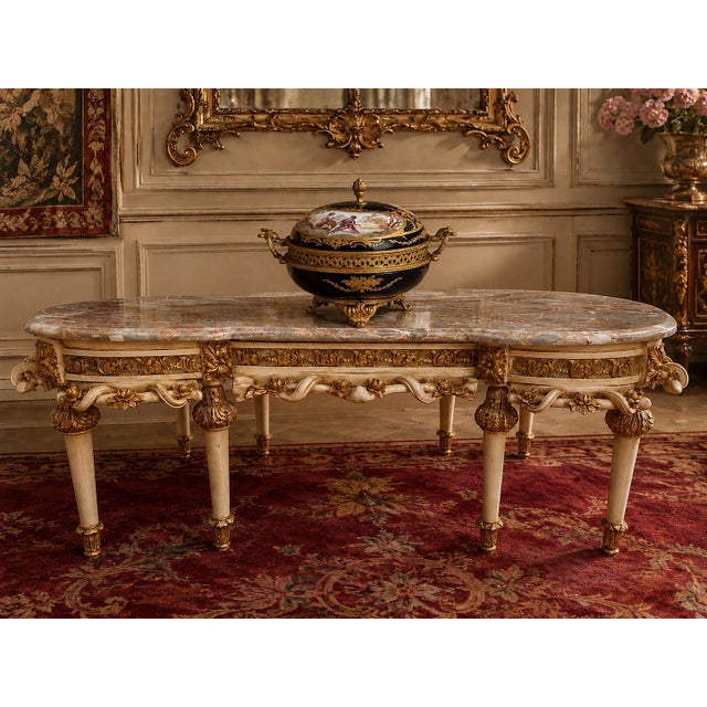 1980 French Artisan Louis XVI White Beech Marble Coffee Table For Sale - Image 11 of 12