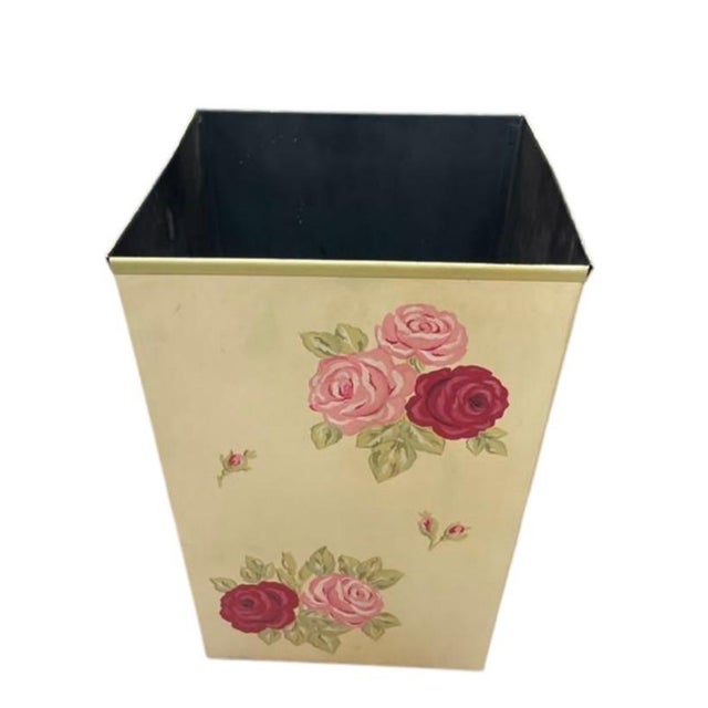Shabby Chic Vintage Hand-Painted Floral Metal Wastebasket For Sale - Image 3 of 12