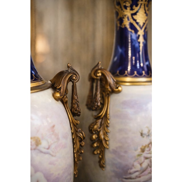 French 1850s Sevres Louis XVI Blue Bronze Porcelain Vases - Pair For Sale - Image 3 of 18