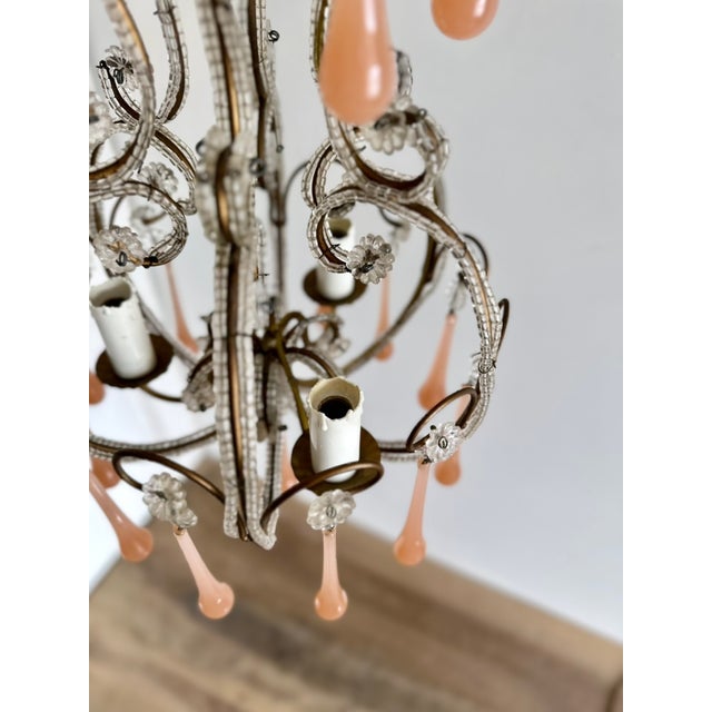 Venetian Style Beaded Brass Chandelier with Pink Murano Glass Drops, Italy, 1950s For Sale - Image 12 of 18