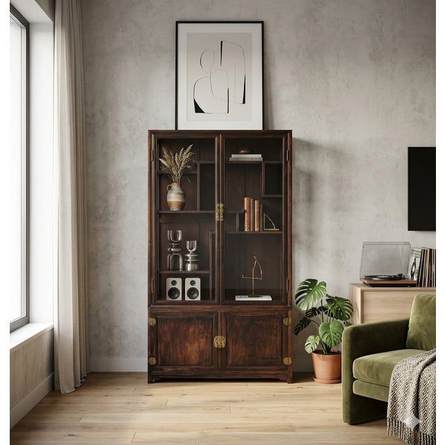 Vintage Dark Brown Oriental Treasure Glass Doors Display Curio Stack Cabinet For Sale - Image 4 of 12