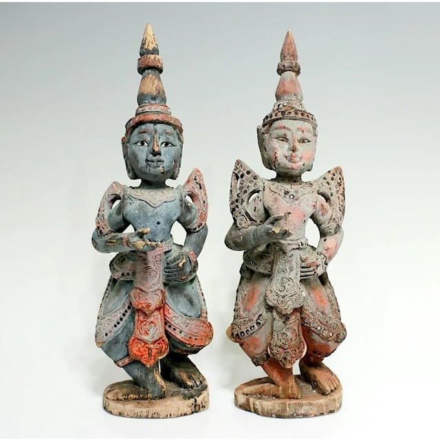 Antique Wood Teppanom / Guardian Thai Angels, Statues or Figures - A Pair 18" For Sale - Image 9 of 10