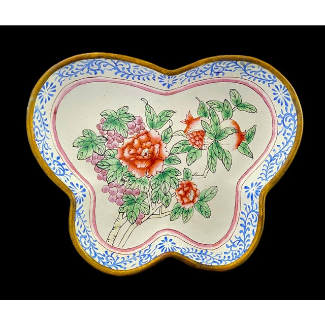 C1950 Chinese Enameled Butterfly-Shape Pin Tray, Peonies, Polychrome Enamel 6" For Sale - Image 9 of 15