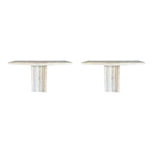 Pair of Italian Modern Travertine and Brass Console Tables