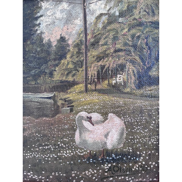 Antique Original Swan Oil Painting, Framed Garden Landscape Art For Sale - Image 6 of 12