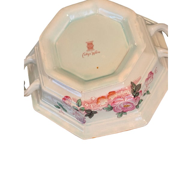 Vintage Chinoiserie Adams Calyx Ware Metz Aqua Blue Octagonal Covered Serving Dish For Sale In West Palm - Image 6 of 11