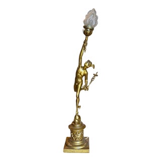 Fulvio Bianconi Style Murano Blue Art Neoclassical Gilt Mercury/Hermes Figural Newel Floor Lamp With Frosted Flame Shade For Sale