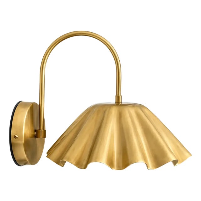 Handcrafted Brass Scalloped Wall Sconce, Fluted Shade Vanity & Bedroom Wall Light For Sale