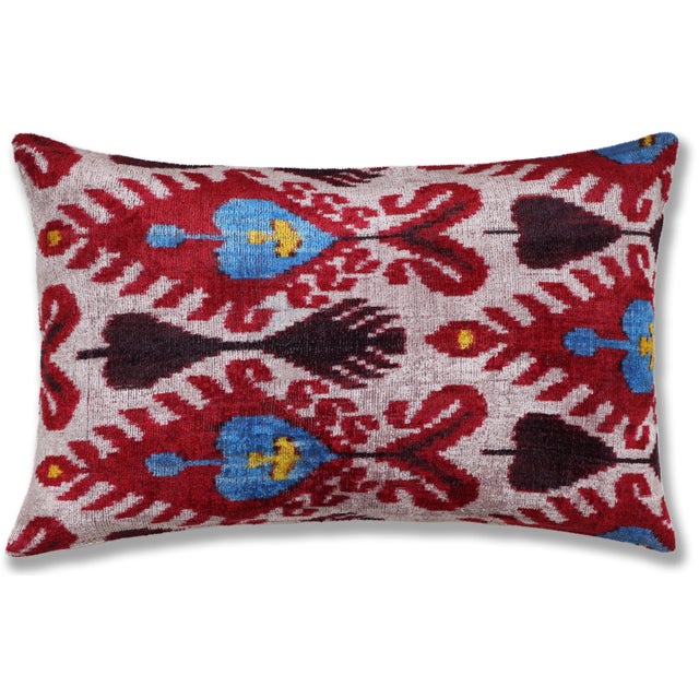 Mid-Century Modern Hand-Knotted Silk Velvet Ikat Lumbar Pillow - 16x24 Ruby & Azure Multi For Sale - Image 3 of 8