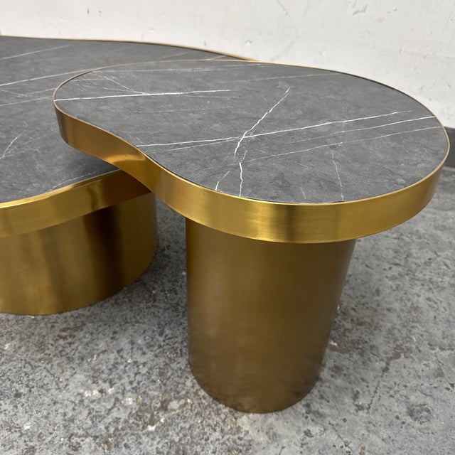 2020s Michael Oren Design Marquina Marble Kidney Coffee Table + Side Table, Set of Two For Sale - Image 5 of 12