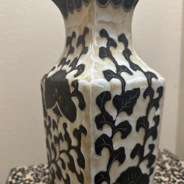 Vintage Tall Ceramic Taupe Vase With Painted Flowers For Sale - Image 12 of 12
