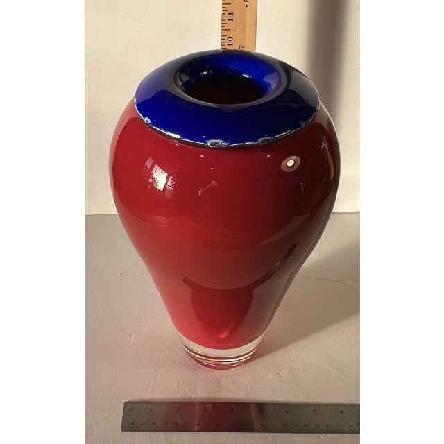 Gathering 2002 Blue Red Art Glass Vase Bulbous Body Inverted Blue Glass Lip For Sale - Image 12 of 12