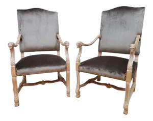 Antique French Carved Lions Head Armchairs Newly Reupholstered in Silk Velvet - Pair