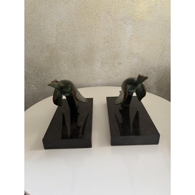 Art Deco Bronze Crane Bookends with Marble Bases by H. Garreau Auxerre Label, France, 1930s, Set of 2 For Sale - Image 4 of 11
