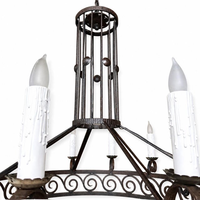 Metal Large Art Deco Style Wrought Iron 12-Light Chandelier For Sale - Image 7 of 11