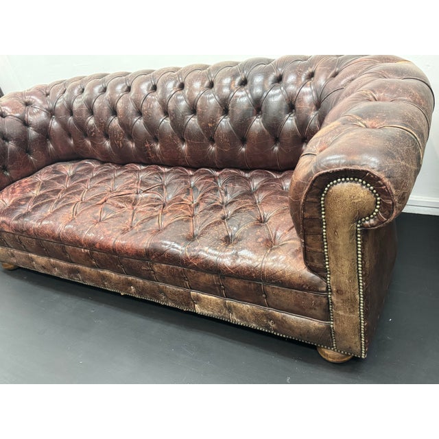 1950s Vintage Aged Brown Tufted Leather Chesterfield Sofa Mid-Century- Great Patina! For Sale - Image 4 of 11