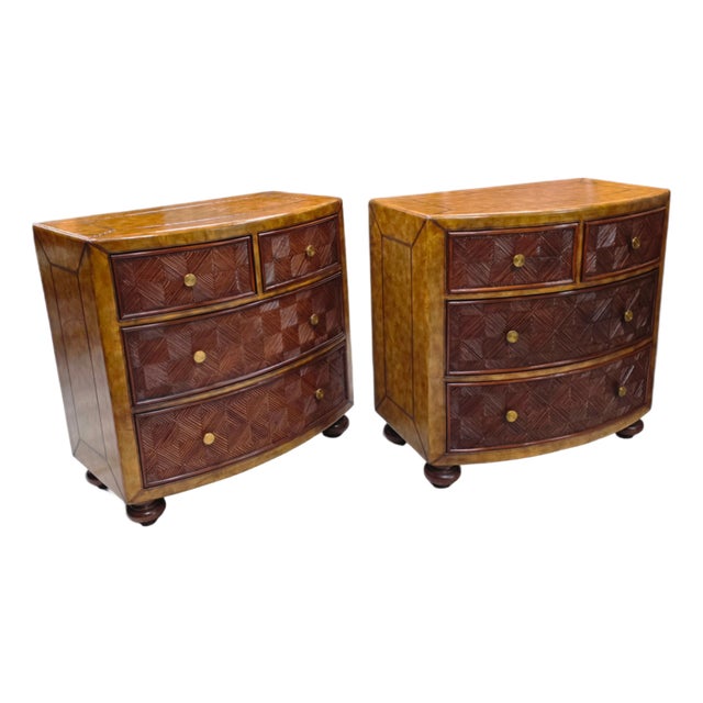 Late 20th Century Pair of Lineage Home Woven Rattan Front and Leather-Clad Bow Front Chest of Drawers For Sale