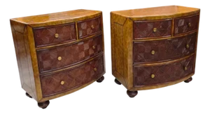 Late 20th Century Pair of Lineage Home Woven Rattan Front and Leather-Clad Bow Front Chest of Drawers