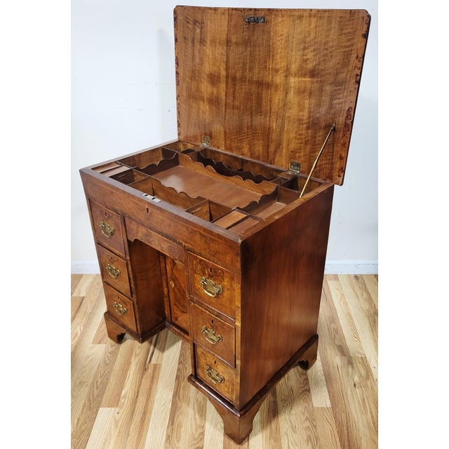 English Early 19th C Irish Walnut Lift Top & Fitted Interior Kneehole Desk For Sale - Image 3 of 17