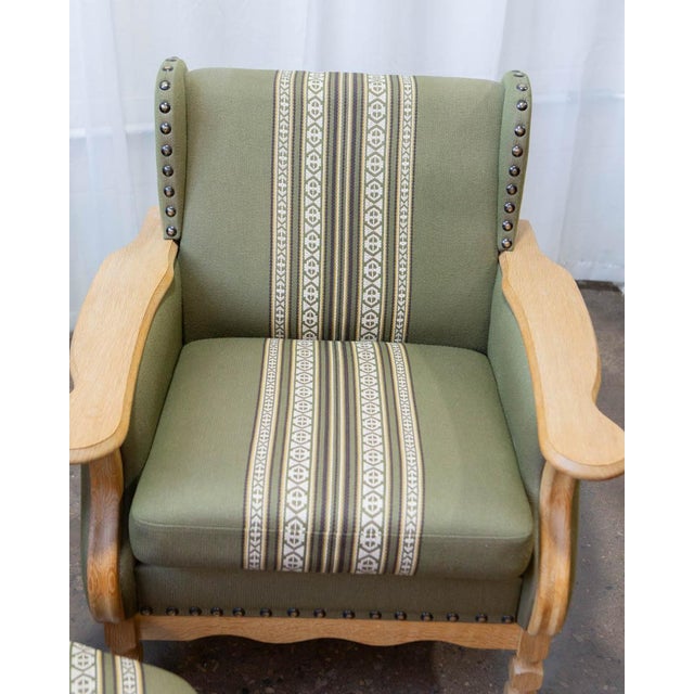 Mid-Century Modern Pair of Attributed to Henning Kjærnulf Danish Oak Lounge Chairs With Ottoman, C. 1960s For Sale - Image 3 of 18