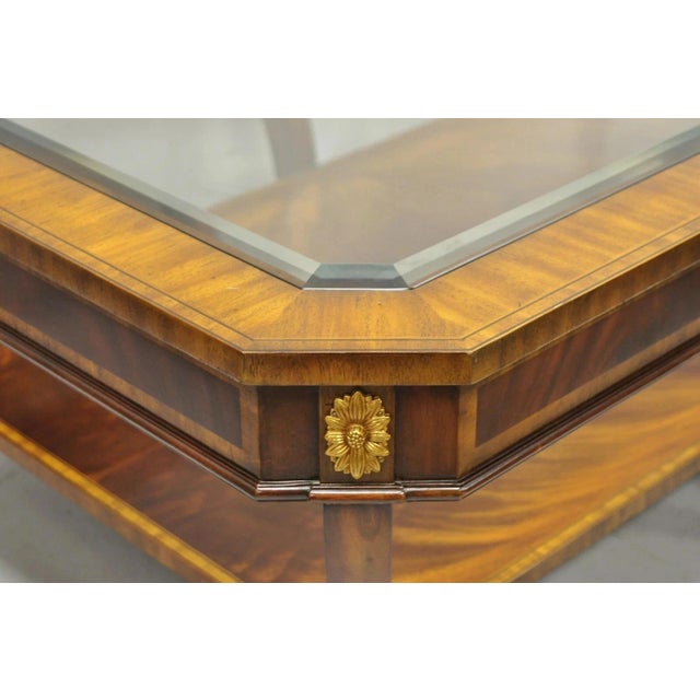 Late 20th Century Maitland Smith Empire Style Large Banded Inlay Mahogany Glass Top Coffee Table For Sale In Philadelphia - Image 6 of 12