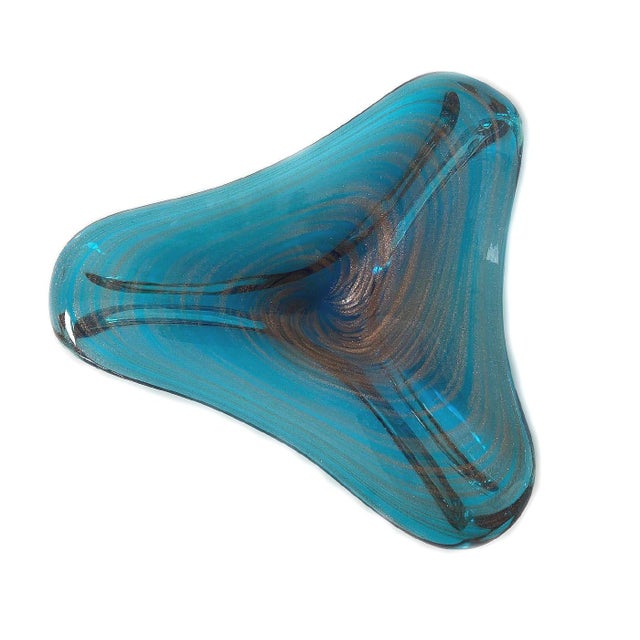 1950s 1950s MCM Murano Glass Bowl Centerpiece Turquoise With Gold Swirl For Sale - Image 5 of 6