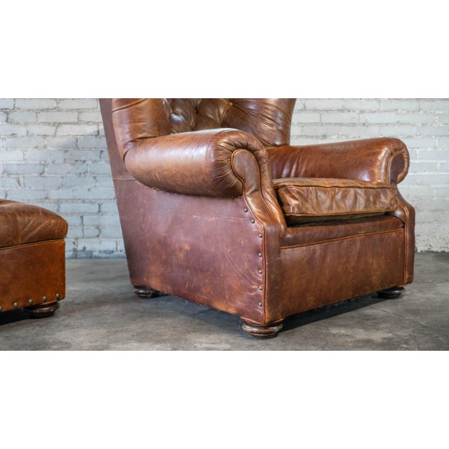 Animal Skin Restoration Hardware Churchill Cigar Leather Luxe Writer's Chair and Ottoman For Sale - Image 7 of 13