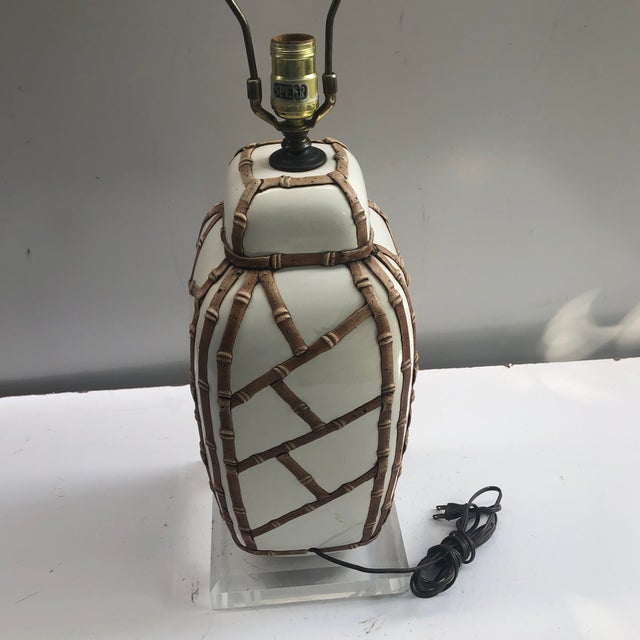 Faux Bamboo Lamp on Lucite Base For Sale - Image 9 of 13