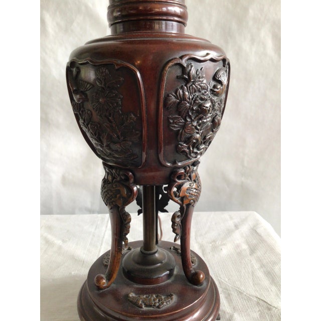 1900s Bronze Chinese Table Lamp With Embossed Bird and Floral Motifs For Sale - Image 4 of 9