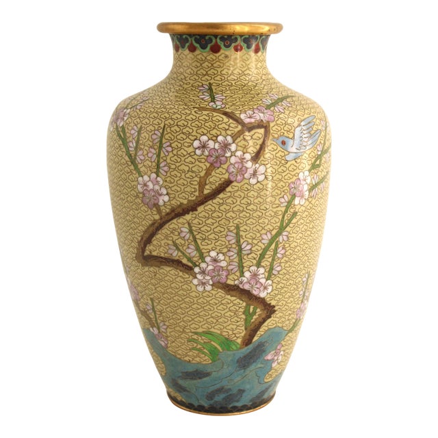 VTG Large Chinese Cloisonne Enamel Baluster Vase Yellow Cloud Scroll Ground, 12” For Sale