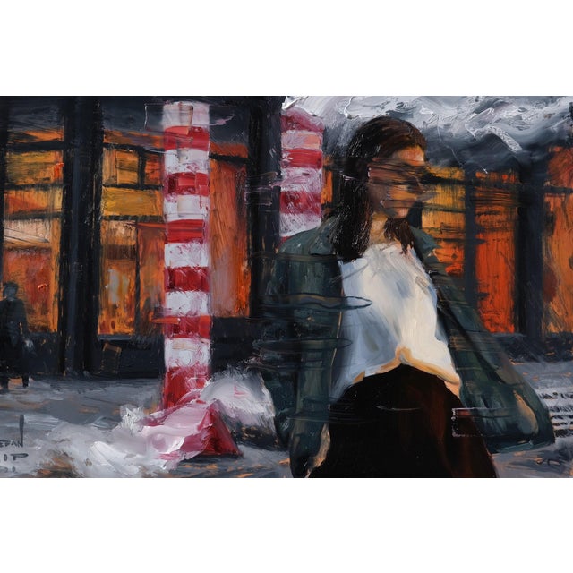Dividing Lines depicts a figure standing amidst a stark urban landscape, characterized by bold strokes and a contrasting...
