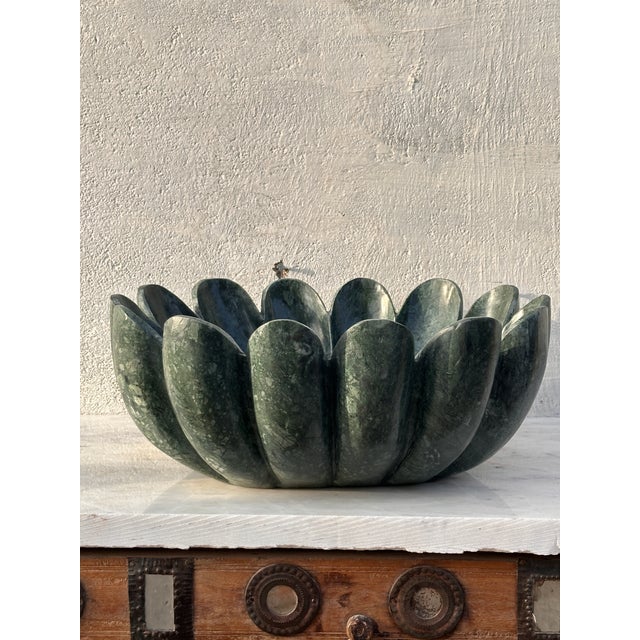 Contemporary Hand-Carved Verde Guatemala Marble Lotus Sink – 16” Sculptural Stone Basin For Sale - Image 3 of 13