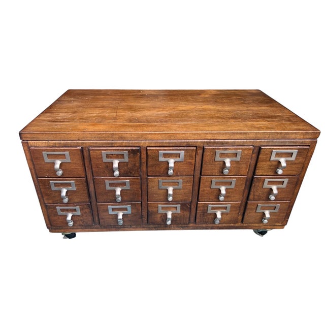 Vintage Wooden Library Card Catalog Cabinet with 15 Drawers on Casters Wonderful vintage wooden library card catalog...