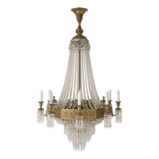 19th Century French Empire Beaded Crystal & Bronze Chandelier For Sale