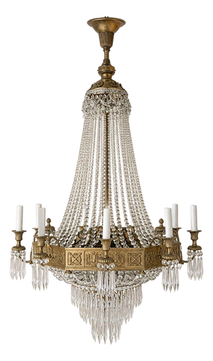 19th Century French Empire Beaded Crystal & Bronze Chandelier