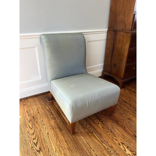 Textile Pair of Barbara Barry for Baker Celadon Silk, Scroll Back Slipper Chairs For Sale - Image 7 of 12