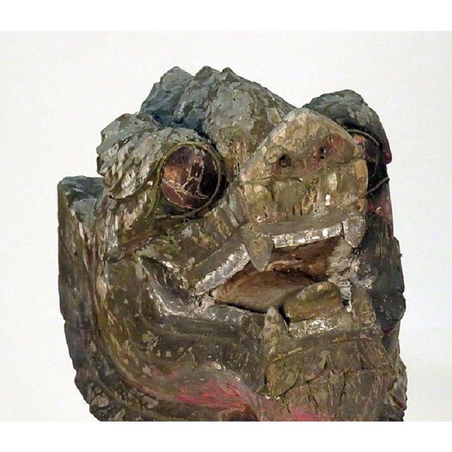 Asian Antique Pair of Wood Palace Lions, Southeast Asia, Weathered With Mica Eyes For Sale - Image 3 of 7