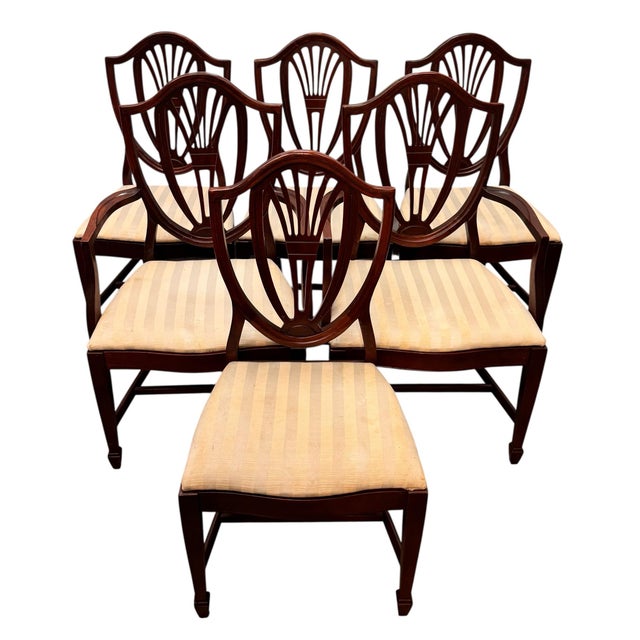 Vintage Set of 6 Sheraton Style Dining Chairs featuring High Quality Mahogany Construction, Beautiful Hand Carved Back...