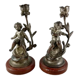 French Putti Cherub Candlesticks Signed Sylvain Kinsburger Spelter & Marble S/2
