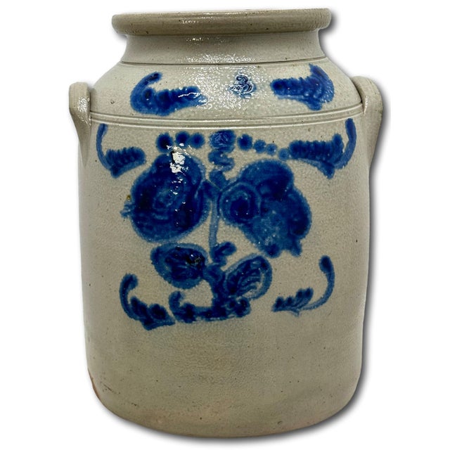 Ceramic Ourtstanding Antique Large 3 Gallon Size American Blue Hand Decorated Stoneware Butter Churn - Circa 1870s For Sale - Image 7 of 18